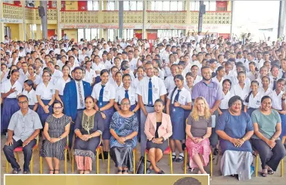  ?? Picture: JONACANI LALAKOBAU ?? Acting Supervisor of Elections Ana Mataiciwa, sitting fourth from left, with school management and students of Rishikul Sanatan College during the launch of the school election toolkit pilot program yesterday.