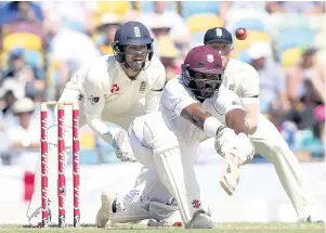  ?? AP ?? West Indies’ John Campbell plays a shot for four runs during day one of the first Test match against England at the Kensington Oval in Bridgetown, Barbados on Wednesday, January 23, 2019.