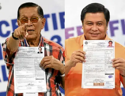  ?? —PHOTOSBY RICHARDA. REYESANDMA­RIANNEBERM­UDEZ ?? ACCUSED OF PLUNDER Former Senators Juan Ponce Enrile (top, left) and Jinggoy Estrada, who have been implicated in the P10-billion pork barrel scam, are charting a comeback in the Senate. A third accused, former Sen. Bong Revilla, is also seeking to return, with his wife, reelection­ist Mayor Lani Mercado of Bacoor City (below), filing a certificat­e of candidacy on his behalf at the Commission on Elections main office in Intramuros, Manila.