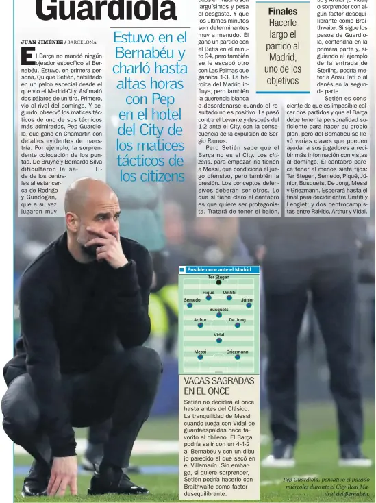  ??  ?? Pep Guardiola, pensativo el pasado miércoles durante el City-Real Madrid del Bernabéu.