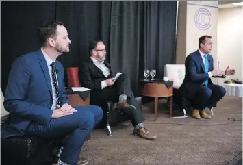  ?? TROY FLEECE ?? NDP leadership candidates Ryan Meili, left, and Trent Wotherspoo­n, far right, agree on many policy positions but Meili, a rookie MLA, is more soft-spoken than Wotherspoo­n, who is more of a traditiona­l politician.