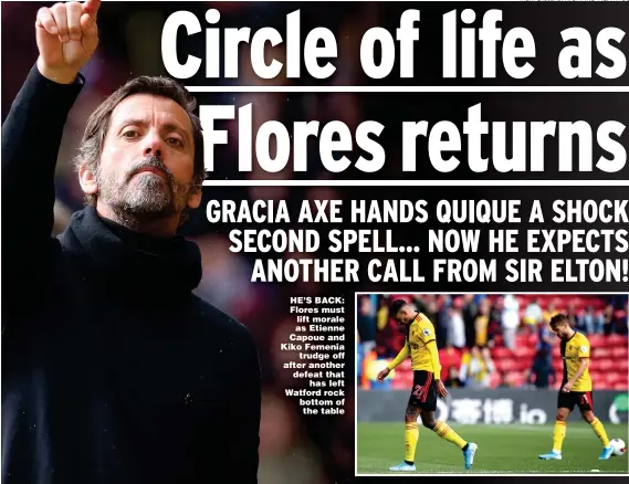  ??  ?? HE’S BACK: Flores must lift morale as Etienne Capoue and Kiko Femenia trudge off after another defeat that has left Watford rock bottom of the table