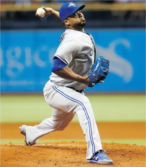  ?? BRIAN BLANCO / GETTY IMAGES ?? Francisco Liriano recorded only one out in his first appearance of the season, a 10-8 loss to the Tampa Bay Rays.