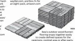  ?? IKEA ?? Ikea’s outdoor wood Runnen flooring snaps together easily to create defined spaces for the ceremony, cocktail area or after-party. $24.99 for 9 square feet, ikea.com