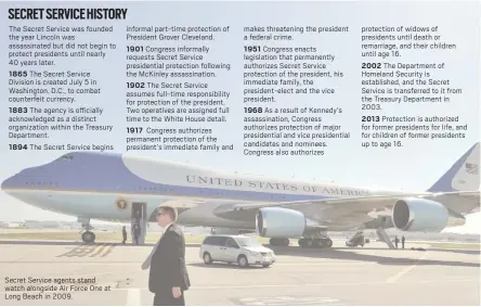  ?? Sources: U.S. Secret Service, The Associated Press, Gerald R. Ford Presidenti­al Library, The White House
Some research compiled by former Focus page editor Charles Apple and artist Scott Brown. ?? Secret Service agents stand watch alongside Air Force One at Long Beach in 2009.