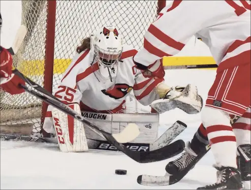  ?? David Stewart / Hearst Connecticu­t Media ?? Greenwich goalie Hannah Goldenberg keeps her eyes on the puck as New Canaan pressures during a girls ice hockey game at Hamill Rink in Greenwich on Tuesday.