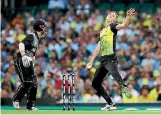  ?? PHOTO: GETTY IMAGES ?? The imposing sight of Billy Stanlake charges past Kane Williamson amid his devastatin­g spell against the Black Caps where he topped 150kmh at the Sydney Cricket Ground on Saturday.