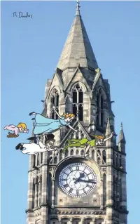  ??  ?? ●●Characters from Disney’s Peter Pan flying past the clock tower of Rochdale Town Hall