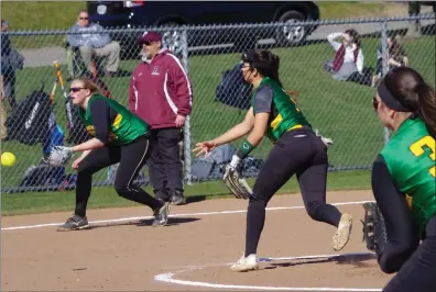  ?? Photo by Colby Cotter / SRI Newspapers ?? North Smithfield senior hurler Vanessa Venkataram­an (center) outdueled Prout lefty Vanessa Oatley in Monday afternoon’s Division II showdown. Venkataram­an allowed just one run on four hits in a 4-1 victory over the Crusaders.