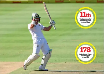  ?? Reuters ?? South Africa’s Dean Elgar celebrates scoring a century against Australia in the third Test on Thursday. —