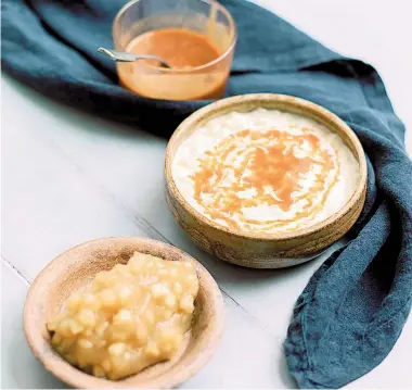  ??  ?? Rob Howell’s rice pudding with apple from Root. Photo: Alexander J Collins/PA