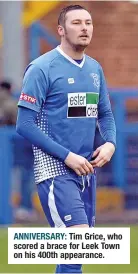  ?? ?? ANNIVERSAR­Y: Tim Grice, who scored a brace for Leek Town on his 400th appearance.