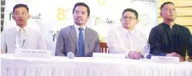  ?? JOEY MENDOZA ?? Sen. Manny Pacquiao (second from left) leads the launch of his pet project Maharlika Pilipinas Basketball League at Aristocrat Manila. With him are (from left) assistant commission­er Satar Macantal, league commission­er Edmund Badua and league operations head Zaldy Realubit.