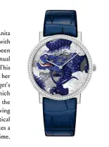  ?? ?? Enamelling master Anita Porchet has teamed up with Piaget since 2006 and has been behind the maison’s annual Lunar New Year watches. This time, Porchet again lent her masterful skills in Piaget’s Altiplano Zodiac 38mm, which shows the blue dragon in the dial. On it, the gold engraving further enhances the mystical creature’s scales and evokes a sense of awe at the same time.