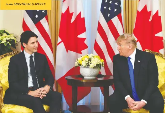  ?? NICHOLAS KAMM / AFP VIA GETTY IMAGES ?? U.S. President Donald Trump talks with Prime Minister Justin Trudeau during a meeting Tuesday at Winfield House, the residence of the U.S. ambassador in London. NATO leaders gathered in the British capital for a summit to mark the alliance’s 70th anniversar­y.