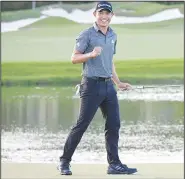  ?? Associated Press ?? Celebratin­g: Collin Morikawa celebrates after putting on the 18th green to win the Workday Championsh­ip golf tournament Sunday in Bradenton, Fla.