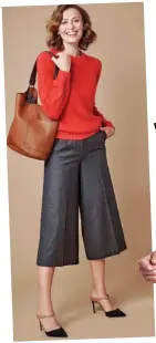  ??  ?? Emily jumper, £90; British Tweed culottes, now £77; and Warwick bag, £150