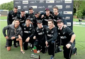  ?? PHOTOSPORT ?? The Black Caps celebrate their 3-0 series win over Bangladesh. They don’t play another ODI until the World Cup in June.