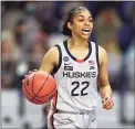  ?? Elsa / Getty Images ?? UConn’s Evina Westbrook dribbles down the court against Arizona in Friday’s NCAA semifinal game.