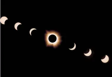  ?? AFP ?? In this composite of seven photograph­s, the moon passes by the sun during a total solar eclipse in Bloomingto­n, Indiana on Monday.