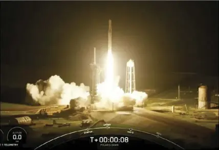  ?? Spacex via AP ?? This image made from a Spacex video shows the launch of the Polaris Dawn mission on a Falcon 9 rocket from the Kennedy Space Center in Florida, on Sept. 10.