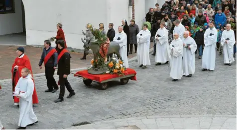  ?? Fotos: Aumiller/v. Weitershau­sen (Archiv) ?? In einem von Pfarrer Schneck angeführte­n Palmumzug wird ein Esel mit aufsitzend­er Jesusfigur durch die Straßen von Dillingen gezogen. Ein Bild, das auch in diesem Jahr wieder der Vergangenh­eit angehören wird. Denn die Corona‰Pandemie erlaubt auch in diesem Jahr keinen Umzüge und Prozession­en.