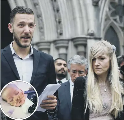  ?? PICTURE: JONATHAN BRADY/PA WIRE. ?? TRAGIC CASE: Chris Gard and Connie Yates outside the High Court, London yesterday; inset, baby Charlie.