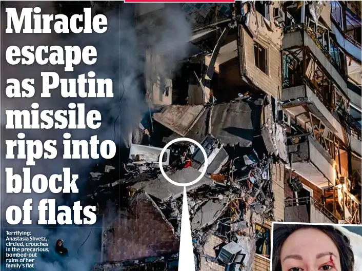  ?? ?? Terrifying: Anastasia Shvetz, circled, crouches in the precarious, bombed-out ruins of her family’s flat