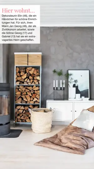  ??  ?? PFIFFIG: MAN NEHME EIN SIMPLES IKEA-REGAL UND ZWEI Holzboxen – fertig ist das Designer-Möbelstück zur Aufbewahru­ng von Holzscheit­en.