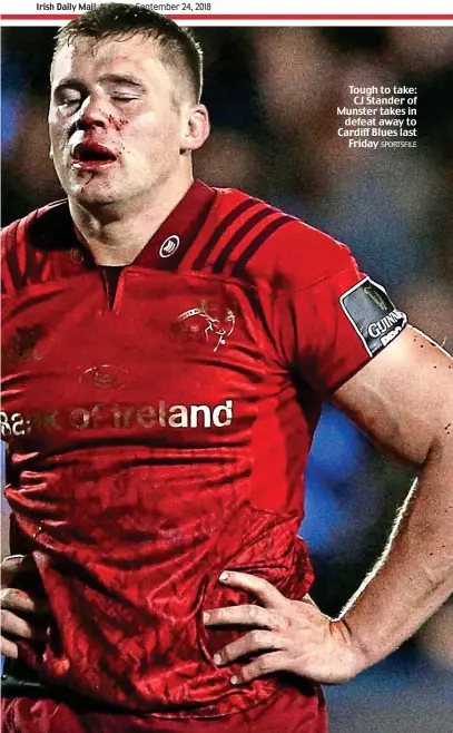  ?? SPORTSFILE ?? Tough to take: CJ Stander of Munster takes in defeat away to Cardiff Blues last Friday