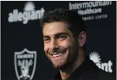  ?? ETHAN MILLER — GETTY IMAGES ?? Quarterbac­k Jimmy Garoppolo is introduced at the Las Vegas Raiders Headquarte­rs/Intermount­ain Healthcare Performanc­e Center on Friday in Henderson, Nevada.