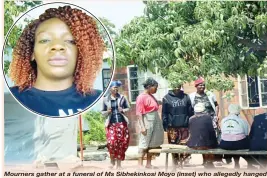  ??  ?? Mourners gather at a funeral of Ms Sibhekinko­si Moyo (inset) who allegedly hanged herself in New Magwegwe suburb, Bulawayo on Thursday