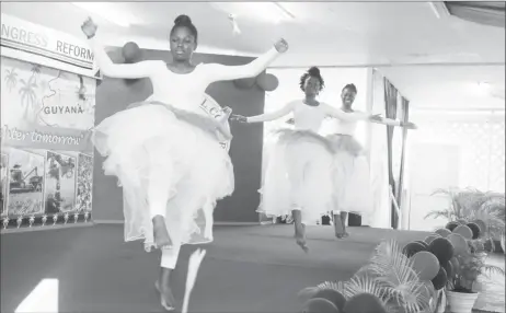  ?? (Terrence Thompson Photo) ?? This trio performed an interpreti­ve dance at the opening of the PNCR’s Biennial Congress at the party’s Headquarte­rs in Sophia, Greater Georgetown.