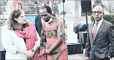  ?? (Pics: Mfanukhona Nkambule) ?? US Ambassador Jeanne Maloney with Prince Gcina and Prime Minister Cleopas Dlamini during the USA Independen­ce Day on Thursday. The ambassador said the USA would help in building trade relationsh­ips with Eswatini and further create jobs.