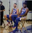  ?? CHRIS SZAGOLA — THE ASSOCIATED PRESS ?? Sixers stars Ben Simmons, left, and Joel Embiid, right, conduct interviews during the team’s media day Monday at its practice facility in Camden, N.J.