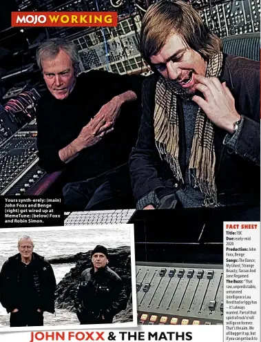  ??  ?? Yours synth-erely: (main) John Foxx and Benge (right) get wired up at MemeTune; (below) Foxx and Robin Simon.