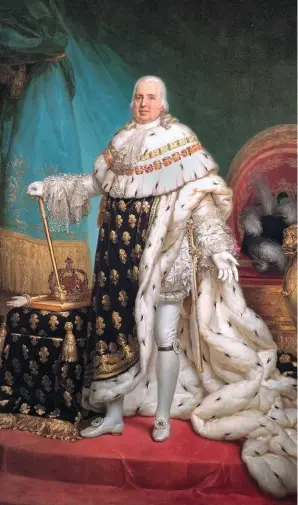  ??  ?? Ci-contre : Louis XVIII (1820), d’après Paulin Guérin. Bien qu’il porte le costume de cérémonie, le dernier roi mort sur le trône – ses successeur­s en ont été chassés –, n’a pas été sacré.