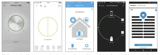  ??  ?? Bij elk smartlock wordt een app meegelever­d om het vanaf je smartphone te kunnen bedienen. Van links naar rechts: Burg Wächter, Danalock, eQ-3, Nuki en Yale.