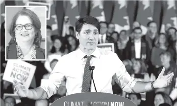  ??  ?? Trudeau speaks at a Liberal Climate Action Rally in Toronto, Ontario, Canada. Also seen is Jane Philpott (photo inset). — AFP