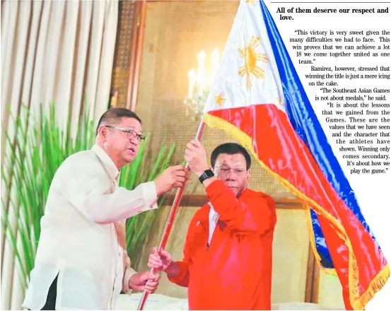  ??  ?? PRESIDENT Rodrigo Duterte (right) and PSC chairman William “Butch” Ramirez will welcome the national athletes in Malacañang on Wednesday.