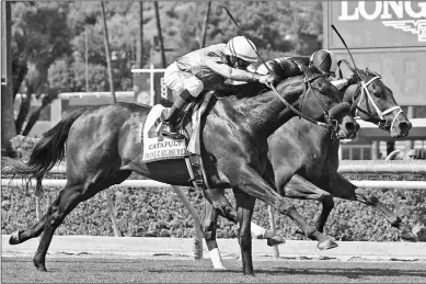  ?? EMILY SHIELDS ?? Catapult (outside) finishes second to Ohio in the Kilroe Mile. Catapult’s goal is the BC Mile.