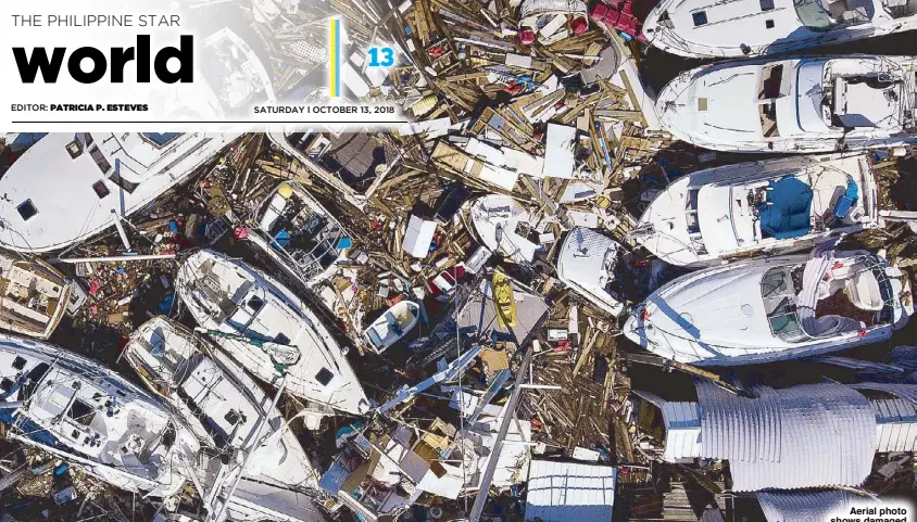  ?? AFP ?? Aerial photo shows damaged boats in the aftermath of Hurricane Michael in Panama City, Florida. Thousands in Florida’s beach communitie­s woke to scenes of devastatio­n Thursday.