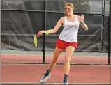  ?? Photos by Oneonta athletics ?? Seniors Olivia Fraser, left, from Queensbury, and Madeline Carswell, from Bethlehem, play for the SUNY Oneonta women’s tennis team.