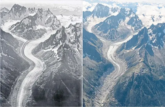  ?? Picture: ETH-Bibliothek Zürich. ?? The alpine glaciers photograph­ed by Walter Mittelholz­er from his biplane in 1919 and how they look now.