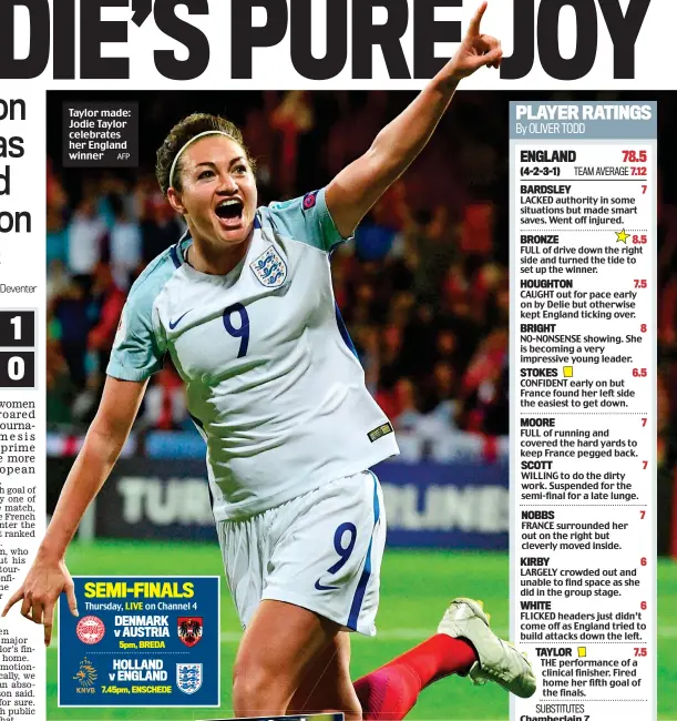  ?? AFP ?? Taylor made: Jodie Taylor celebrates her England winner