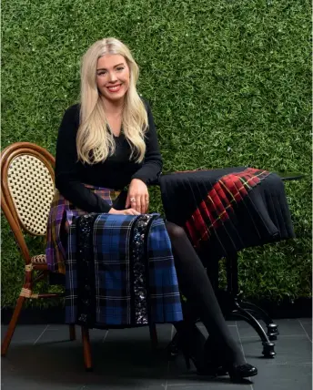  ??  ?? Clockwise from top left: Sioban wearing one of her designs and her women’s signature red kilt and a piece from her Spring/ Summer 2018 collection; athlete Lynsey Sharp in the Commonweal­th Games uniform; the magenta MacDonald kilt.