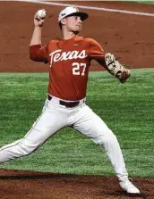  ?? Ronald Martinez / Getty Images ?? Kolby Kubichek throws against Mississipp­i in an 8-1 loss that left Texas 0-3 in an event in Arlington.