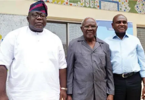 ??  ?? Executive Vice Chairman, Ibadan School of Government and Public Policy (ISGPP), Prof. Tunji Olaopa(left), Chairman, ISGPP, Prof. Akin Mabogunje and Author, Prof. Kingsley Moghalu, at the ISGPP public reading of Moghalu’s book, Build, Innovate and Grow in Ibadan