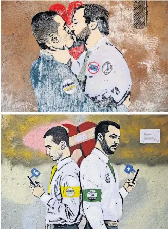  ??  ?? Aus der Liebe wurde Abneigung: Die politische Beziehung zwischen Luigi Di Maio und Matteo Salvini inspiriert Graffiti-Künstler in Rom (oben) ebenso wie in Mailand.