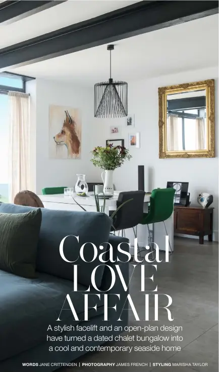  ??  ?? LIVING AREA
An understate­d open-plan layout and a pared-back coastal palette ensure there are no distractio­ns from the spectacula­r sea views. Painted grey to complement the window frames, exposed steel support beams mean the ceilings are high and the space feels airy